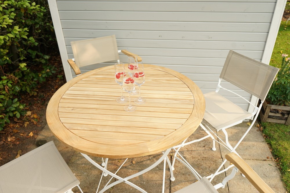 Klasický skládací kulatý barový stůl s bílým kovovým rámem Venice - Kovový, Premium natural teak Skládací - 100% FSC - Vietnam